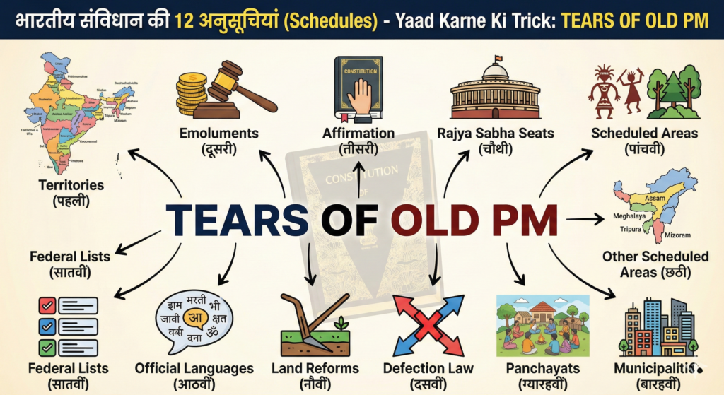 भारतीय संविधान की 12 अनुसूचियां याद करने की Trick (Schedules)