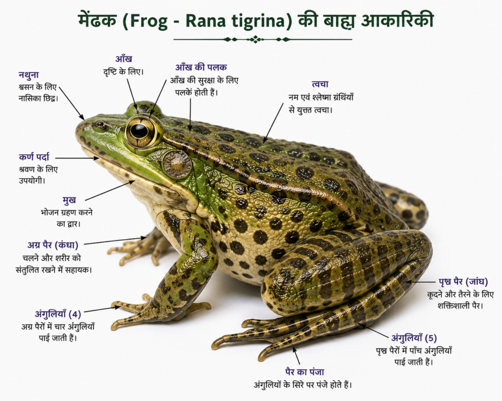 मेंढक (Frog - Rana tigrina) की बाह्य आकारिकी और शरीर रचना