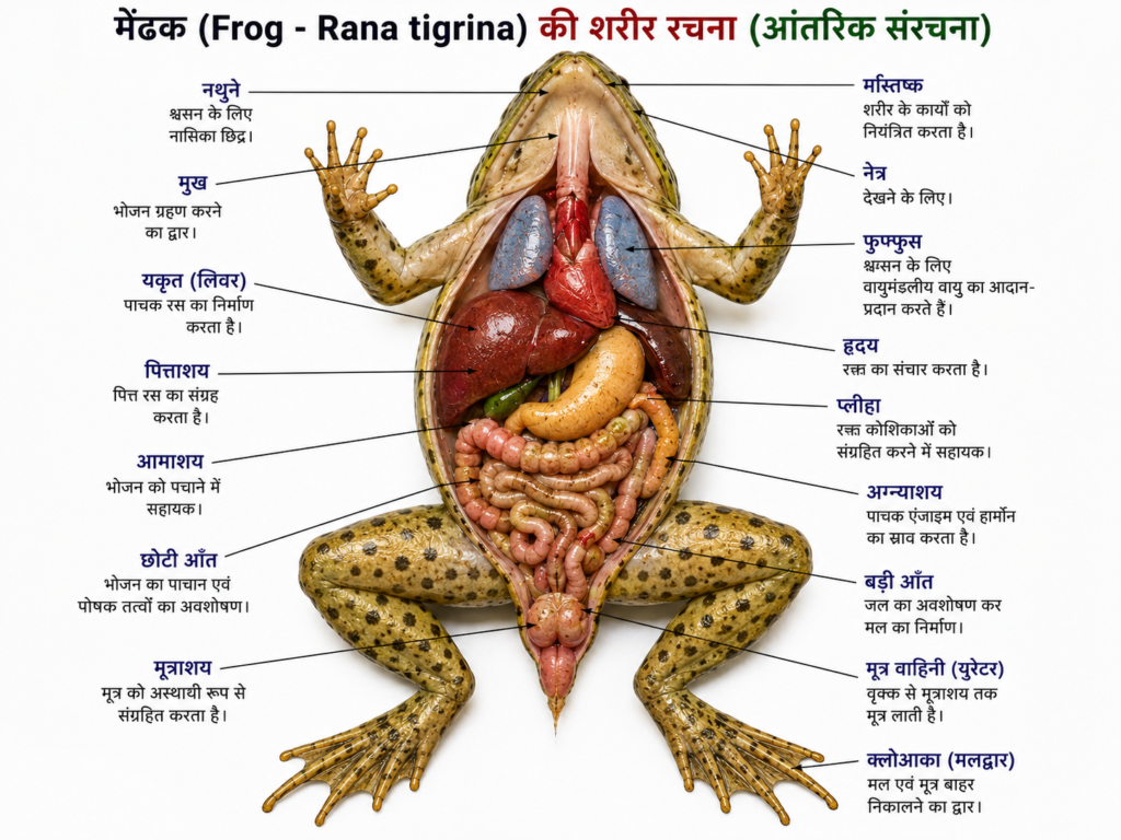 मेंढक (Frog - Rana tigrina) की बाह्य आकारिकी और शरीर रचना
