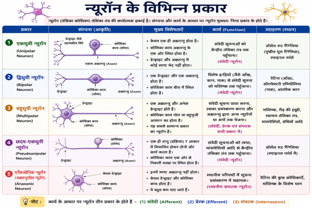 न्यूरॉन के विभिन्न प्रकार
